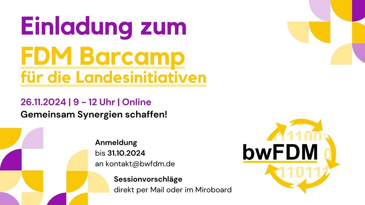 Einladung zum FDM Barcamp. Die Veranstaltung findet am 26.11.2024 von 9 bis 12 Uhr online statt.